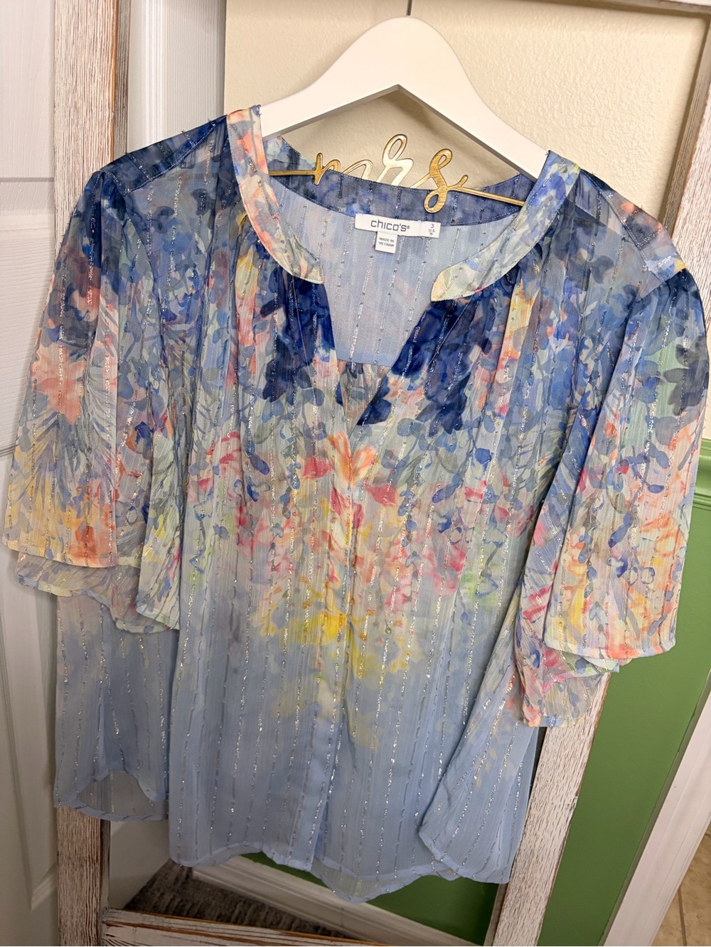 💐 Chico’s Floral Metallic Sheer Blouse Size 3 XL